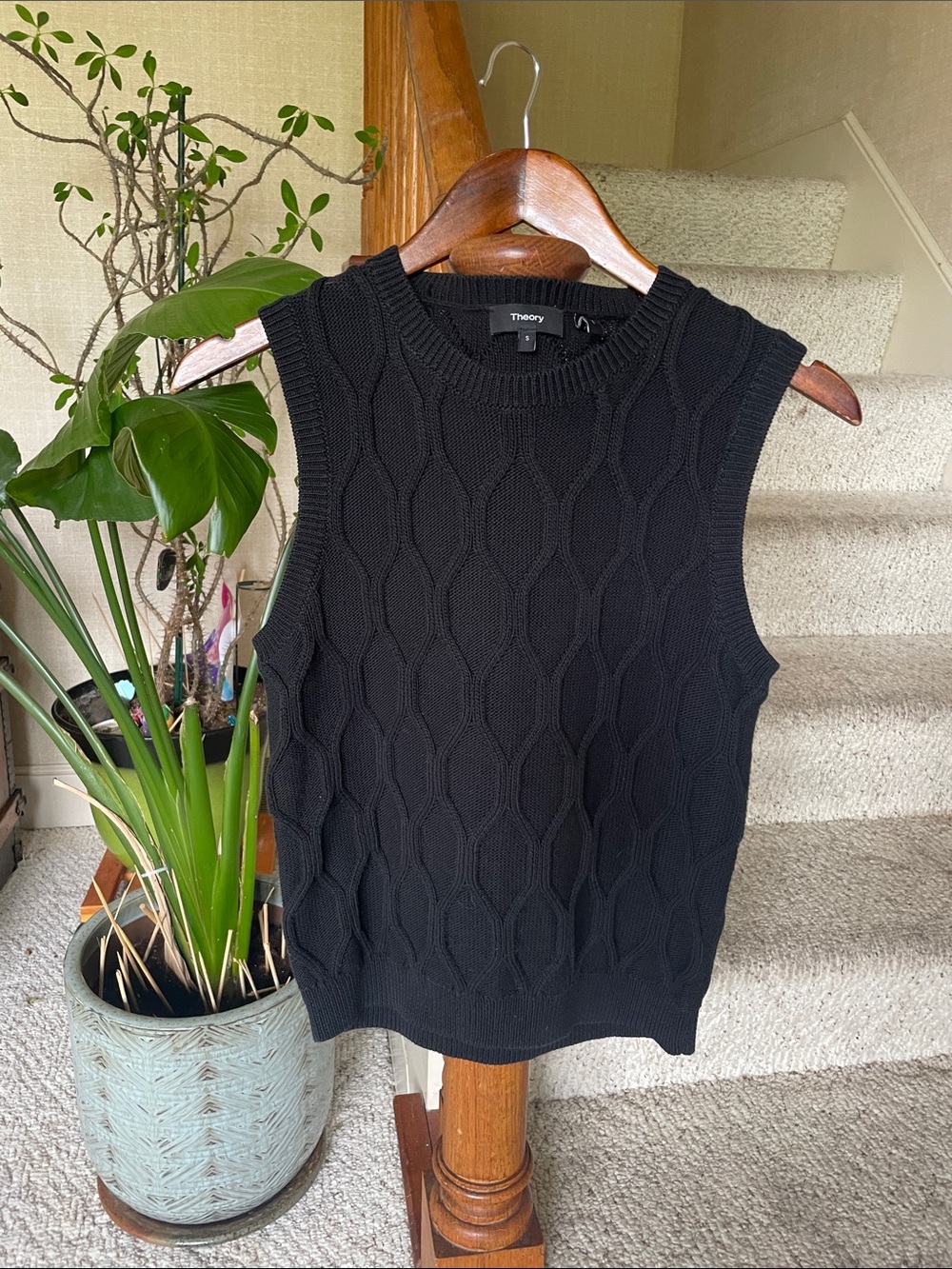 Theory Black Cable-Knit Sleeveless V-Neck Sweater Vest